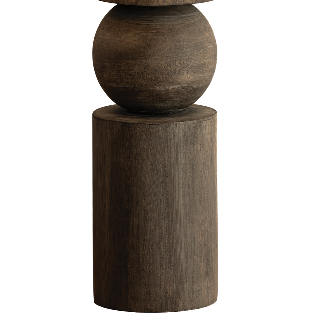 Dark brown wooden lamp base featuring a cylindrical pedestal and a round decorative sphere on top, shown against a plain white background.