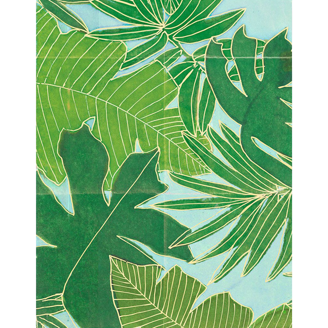 Art print of a tropical leaf pattern on a blue background