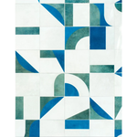 Geometric pattern with blue and green shapes on a white background