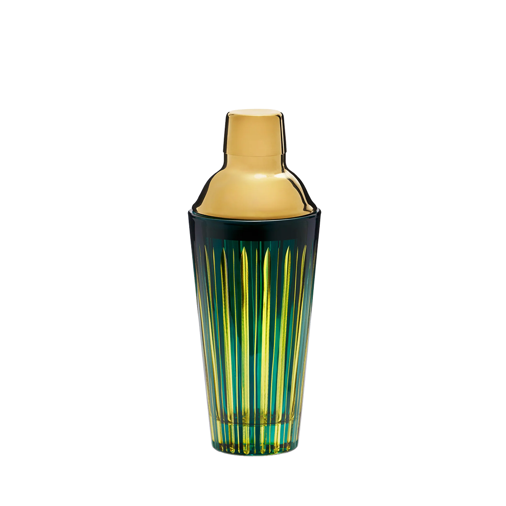 Cocktail shaker with gold top and green striped body on a white background