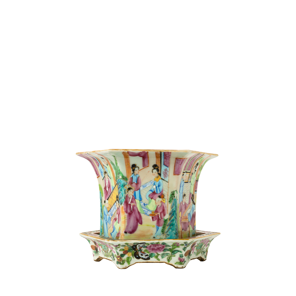 Flared porcelain jardiniere with intricate famille rose hand-painted figures and floral motifs on matching scalloped stand.