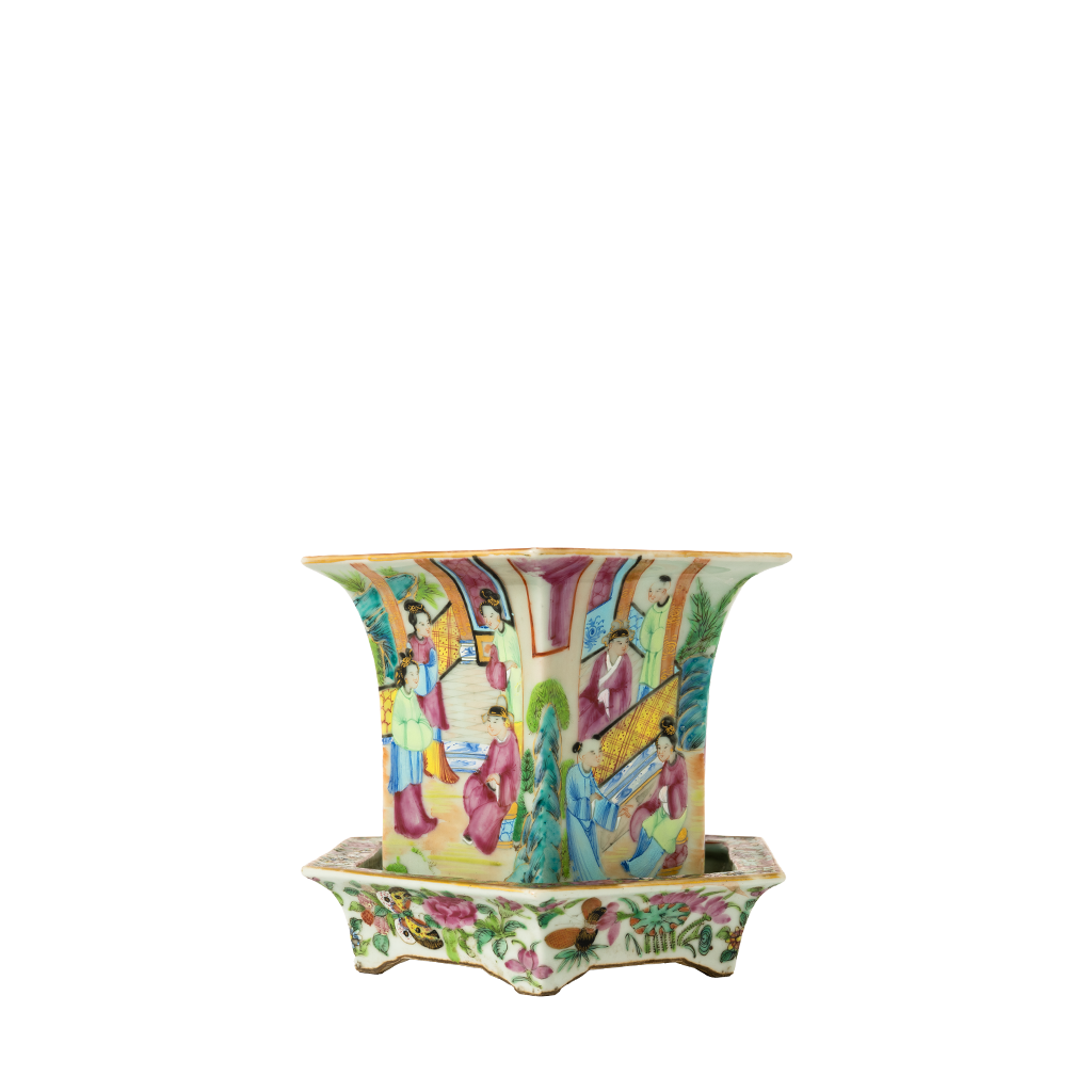 Colorful Canton Famille Rose porcelain jardiniere with vibrant figures and floral motifs on a matching square stand.