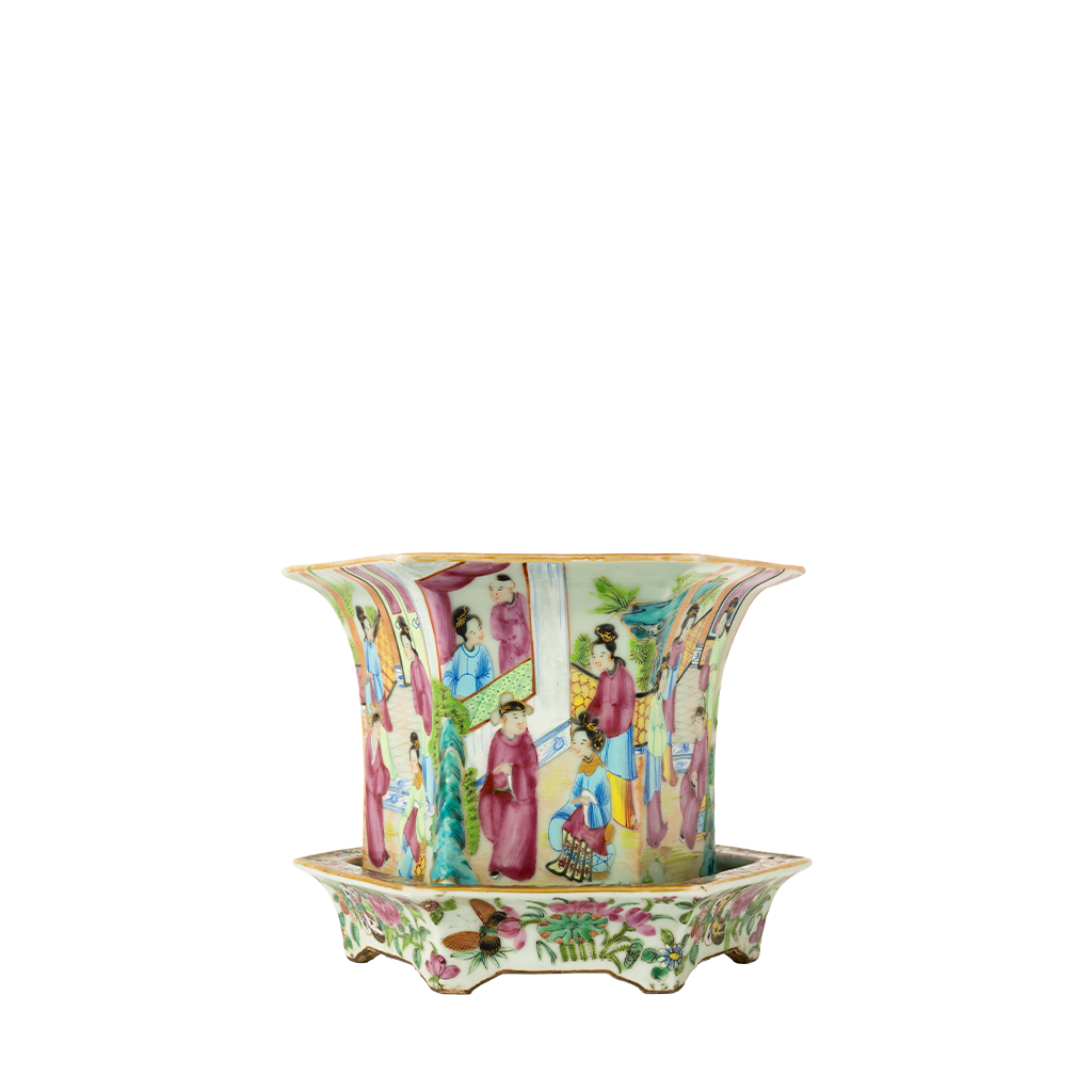 Colorful porcelain jardiniere with intricate Famille Rose floral and figure motifs on flared cylindrical body, resting on.