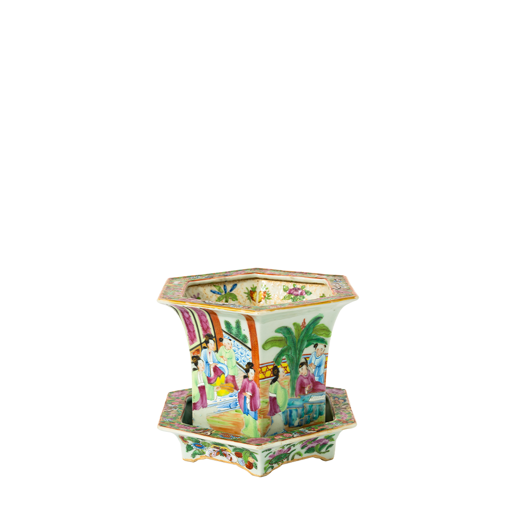 Hexagonal porcelain jardiniere and stand with colorful Famille Rose figures and floral motifs, traditional Canton style.