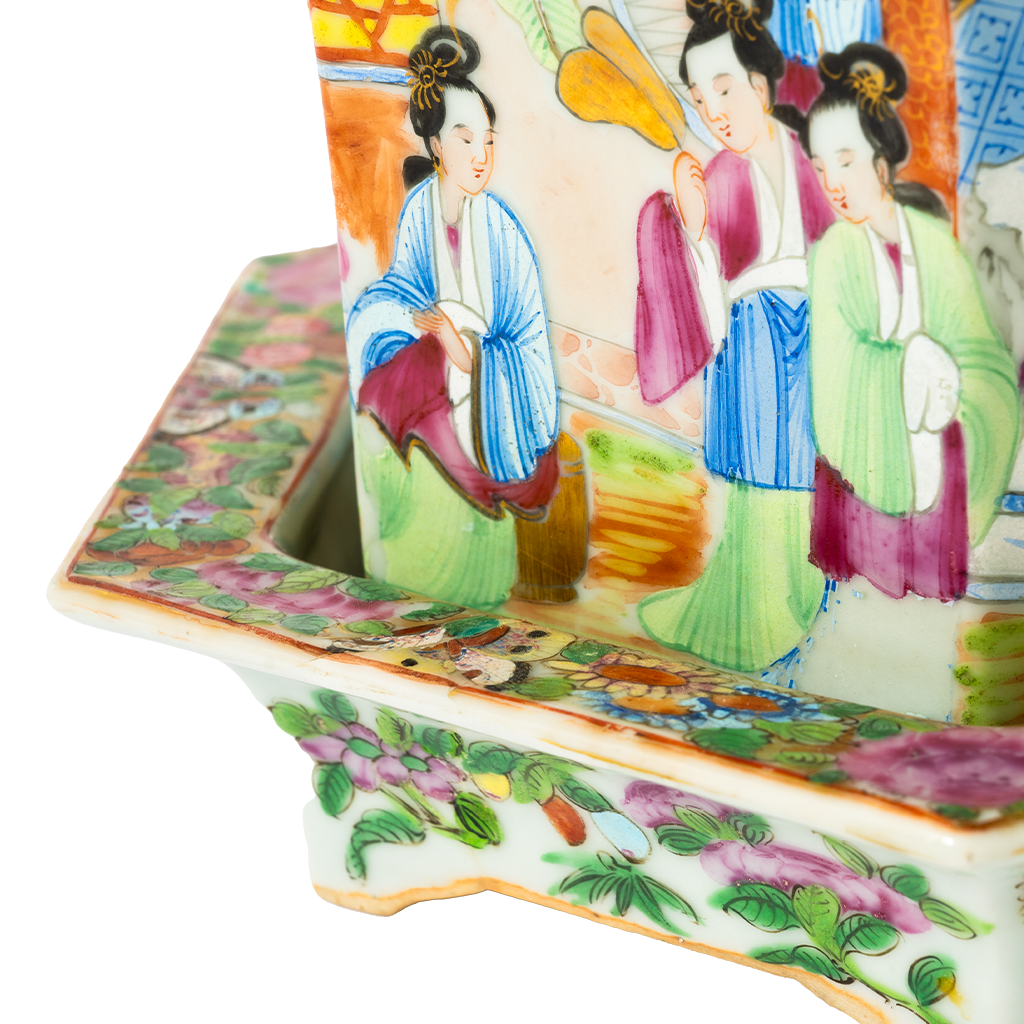 Rectangular porcelain jardiniere with ornate hand-painted Canton Famille Rose figures and floral patterns, paired with a.
