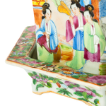 Rectangular porcelain jardiniere with ornate hand-painted Canton Famille Rose figures and floral patterns, paired with a.