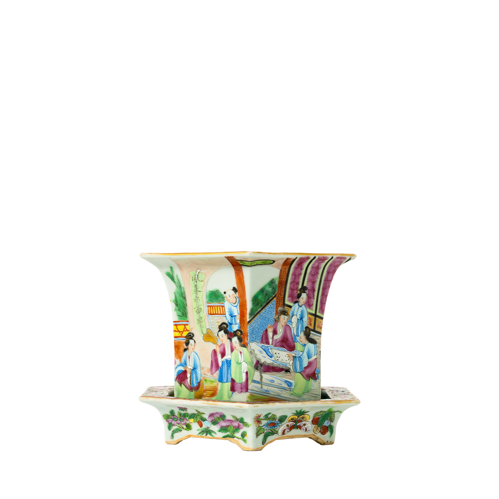 Porcelain Canton Famille Rose jardiniere with detailed hand-painted figures and floral patterns on hexagonal stand.