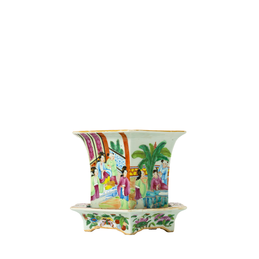 Porcelain Canton Famille Rose jardiniere with colorful hand-painted figures and floral motifs on a matching decorative stand.