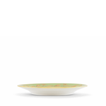 side view of green and gold dessert plate on a white background