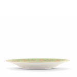 Side angle of a green decorative dinner plate with gold leaf pattern on a white background