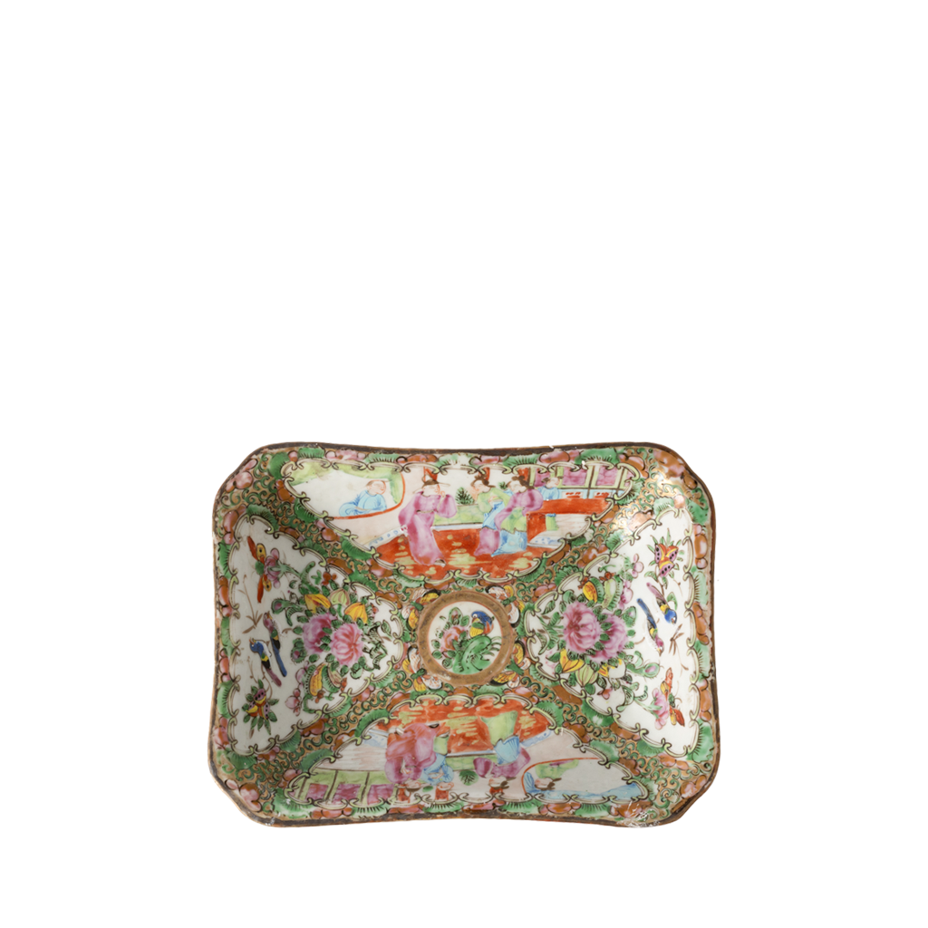 An ornate rectangular ceramic serving tray with rounded corners, decorated with a detailed multicolor Chinese landscape and figure pattern on a white background.