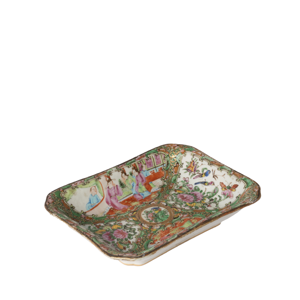 A rectangular ceramic dish with rounded corners, decorated with a colorful Chinese-style landscape and figure scene in a traditional hand-painted style.