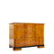 Rene Chest. A wooden chest with 1 skinny top drawer and 2 drawers below. It has a black stripe just above the feet of the chest