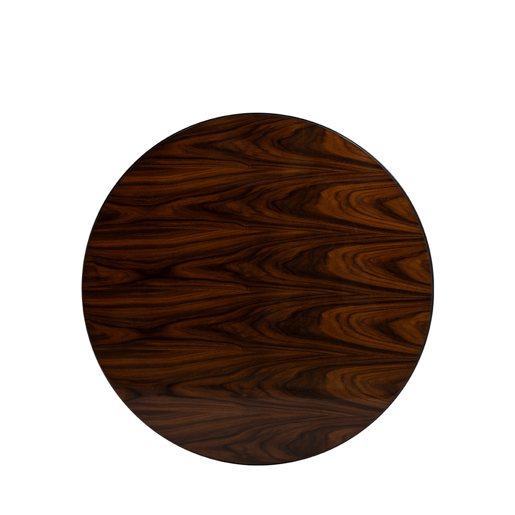 Round wooden side table top with rich dark brown wood grain pattern.