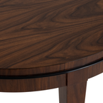 Round wooden side table with rich walnut finish and smooth beveled edge.