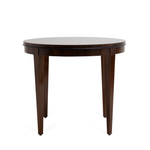 Round dark wood side table with tapered legs and smooth polished finish.