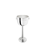 A polished silver metal ice bucket with a pedestal stand, featuring side handles on the bucket rim, set against a plain white background.