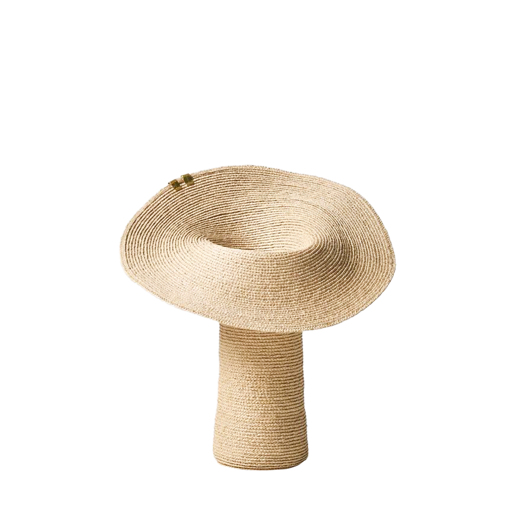 A beige vase designed to resemble a collar, made with open Textile material.
