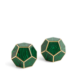 Green geometric salt and pepper shakers with gold accents on a white background