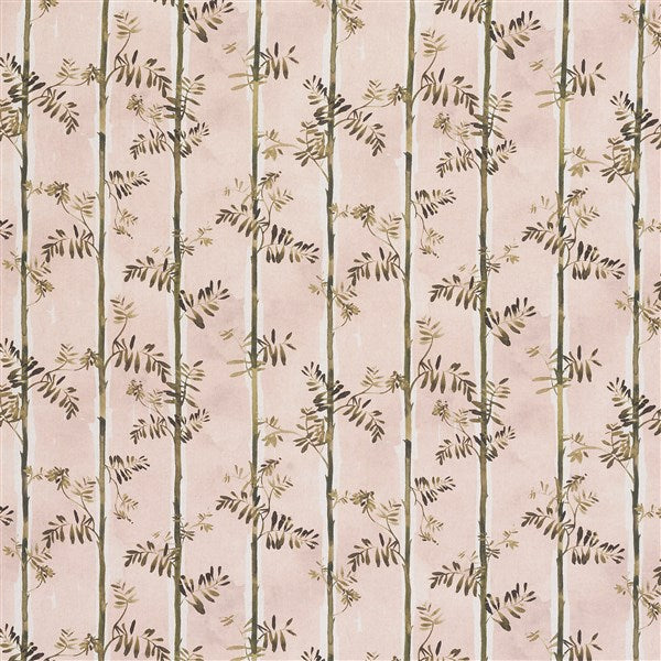 A repeating botanical pattern featuring vertical bamboo-like green stems with small dark olive and tan leaves on a soft blush pink background.