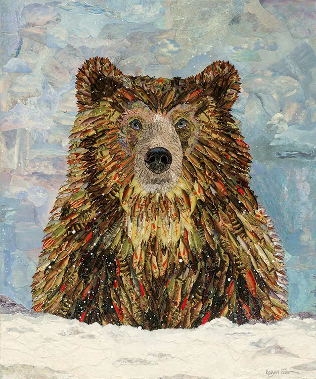A textured painting of a brown bear standing in snow, with a soft blue icy background. The bear's fur is rendered in layered brushstrokes of brown, beige, orange, and red, and the painting fills the entire frame.