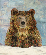 A textured painting of a brown bear standing in snow, with a soft blue icy background. The bear's fur is rendered in layered brushstrokes of brown, beige, orange, and red, and the painting fills the entire frame.