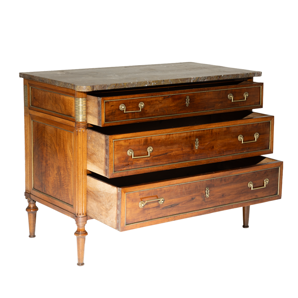 Wooden dresser with marble top on a white background