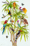 Colorful art print of multiple species of birds in a tree