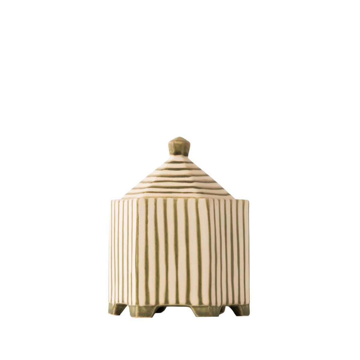A small decorative ceramic lidded container with a conical lid and vertical striped pattern, shown on a plain white background.