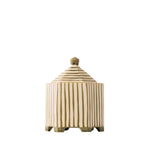 A small decorative ceramic lidded container with a conical lid and vertical striped pattern, shown on a plain white background.