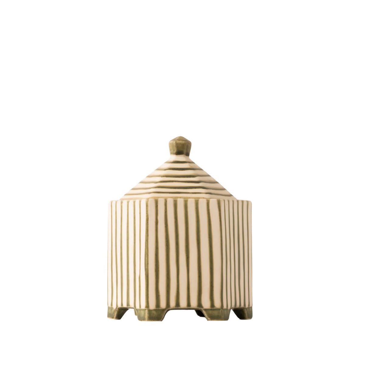 A small decorative lidded box with a conical roof and vertical striped pattern, shown on a plain white background.
