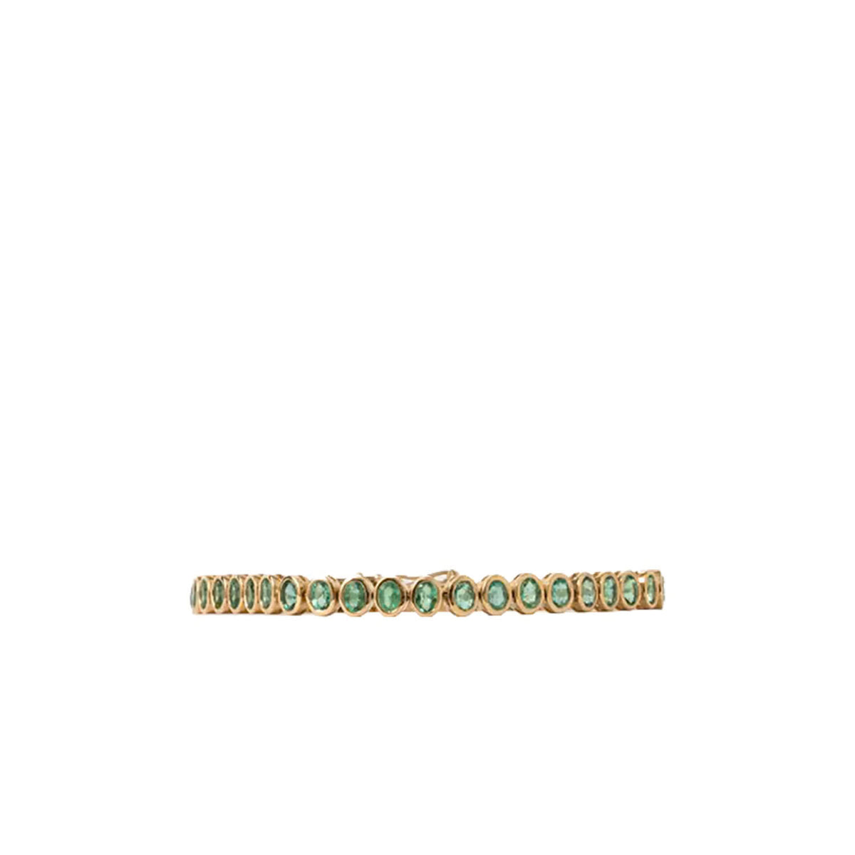 A delicate gold tennis bracelet featuring a row of small round-cut green gemstones, shown against a plain white background.