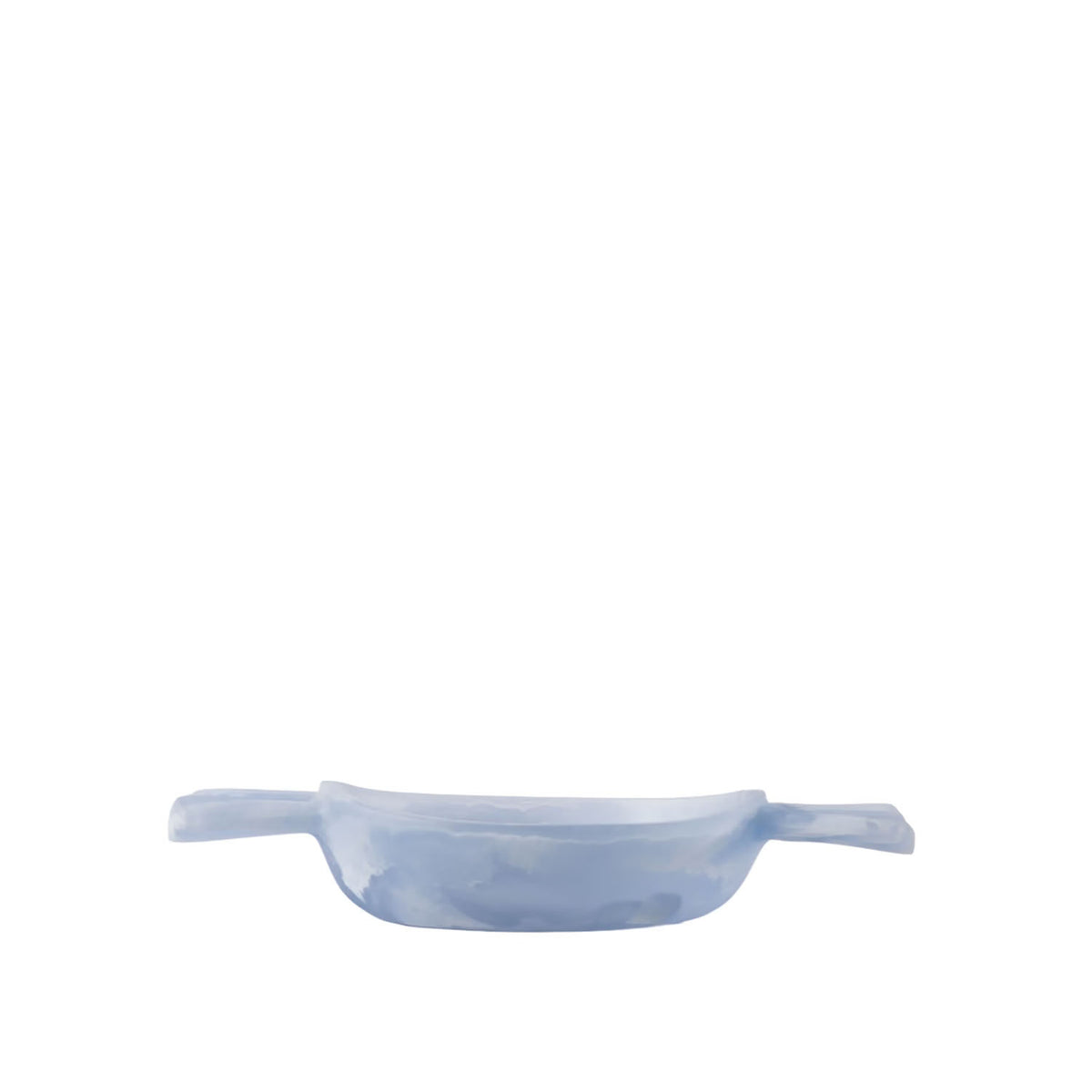 A small light blue ceramic dish with two handles, shown against a solid white background.