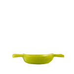 A bright lime green ceramic bowl with two small handles, photographed against a solid white background.