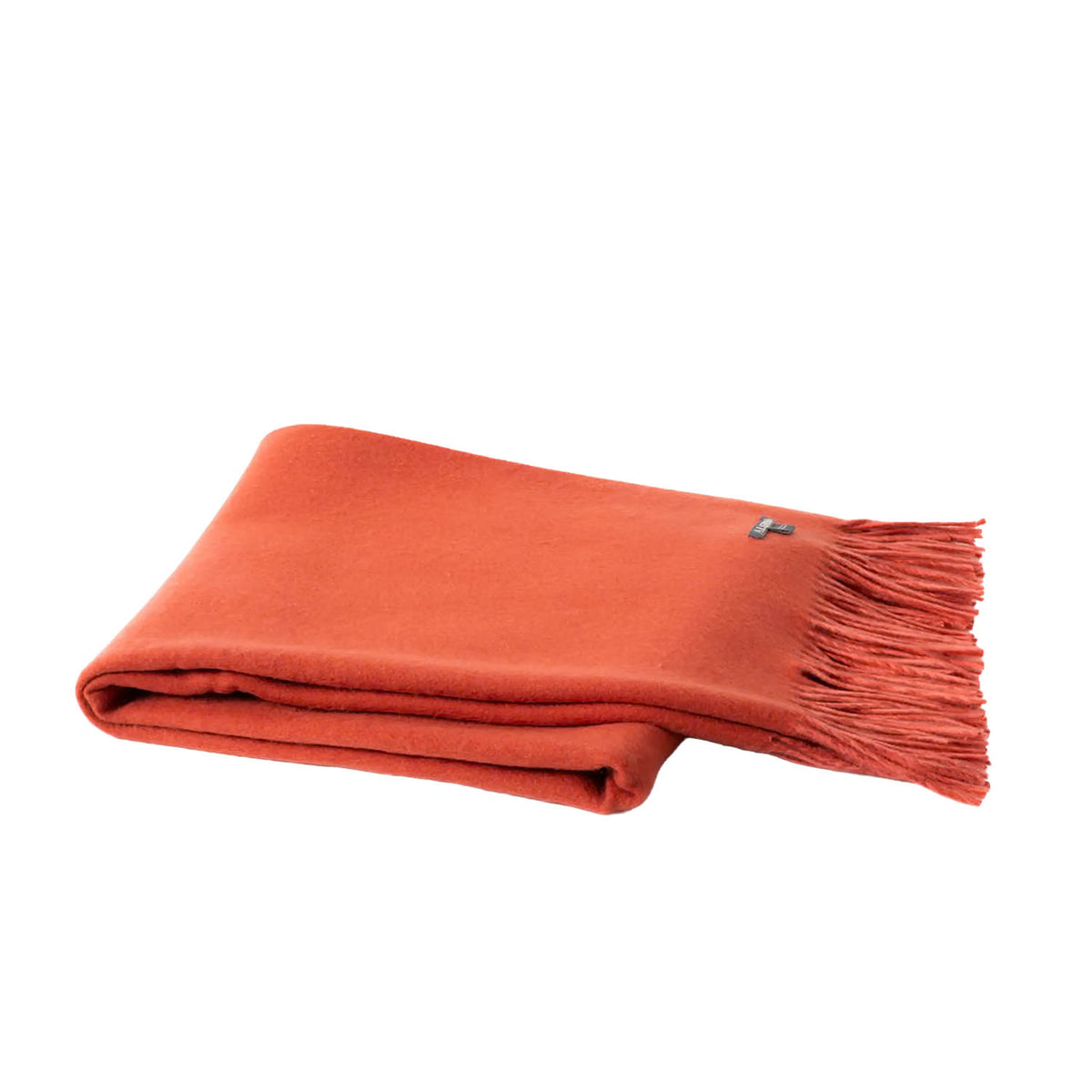 A folded terracotta orange scarf with fringed ends and a small silver-tone logo tag, displayed on a clean white background.