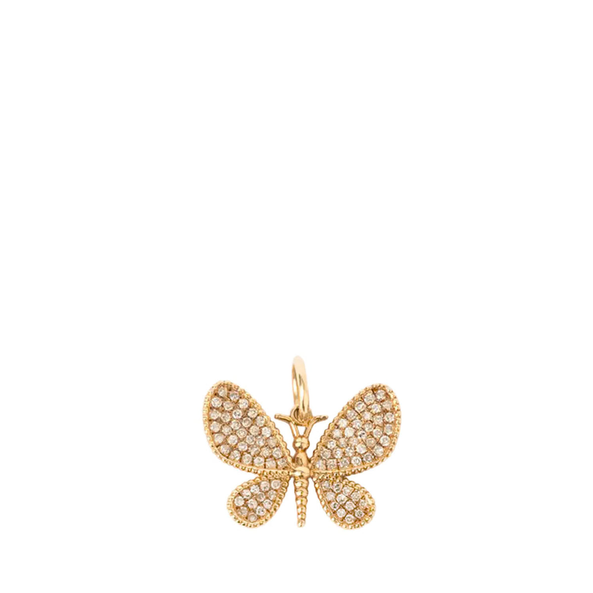 A gold butterfly pendant embellished with pavé-set clear stones, shown against a plain white background.
