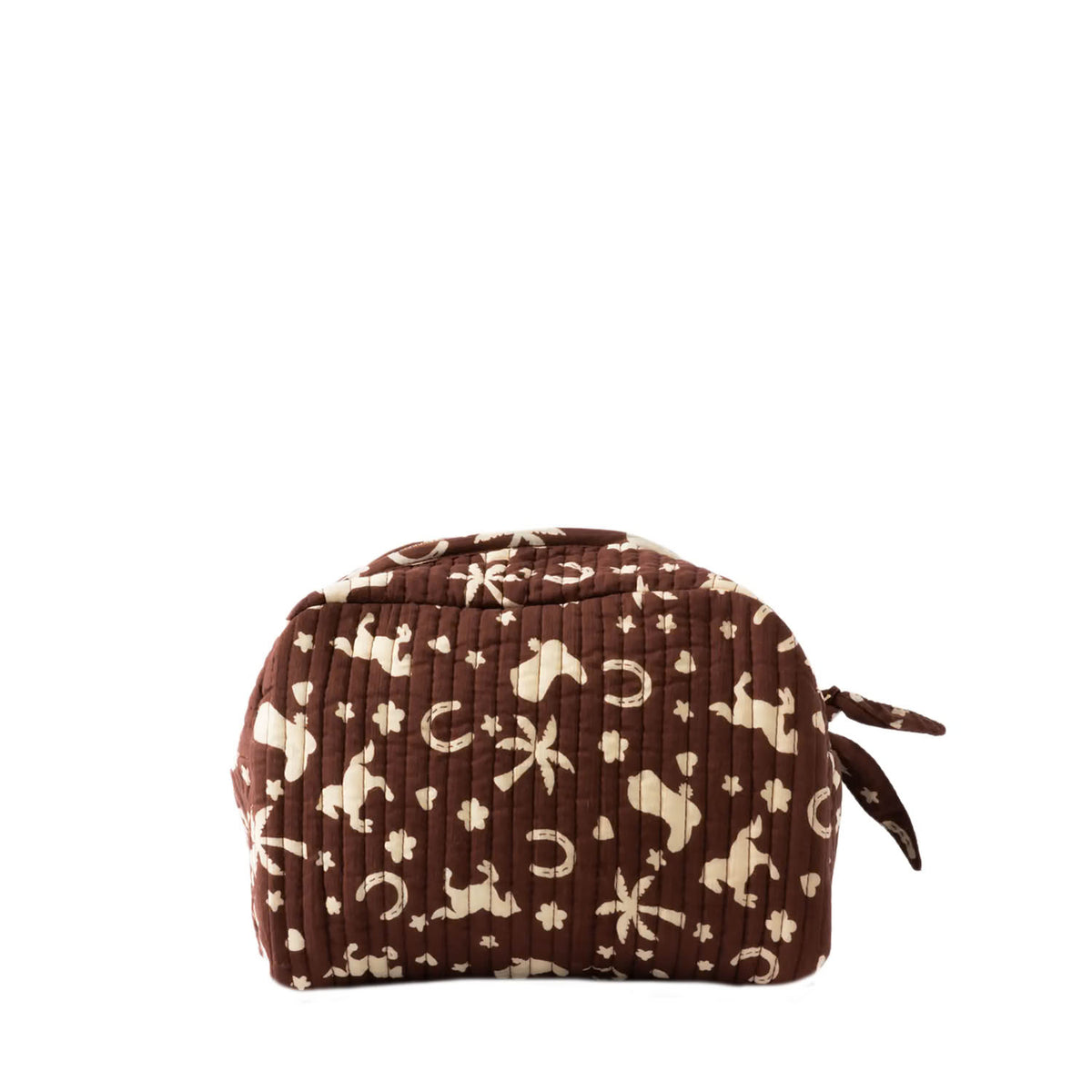 A brown and beige quilted cosmetic pouch with a western-themed print of horseshoes, stars, and cowboys, shown on a plain white background.