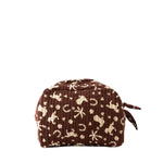 A brown and beige quilted cosmetic pouch with a western-themed print of horseshoes, stars, and cowboys, shown on a plain white background.