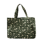 A dark green tote bag with a white western-themed print of horseshoes, stars, and dots, featuring two top handles, shown against a plain white background.