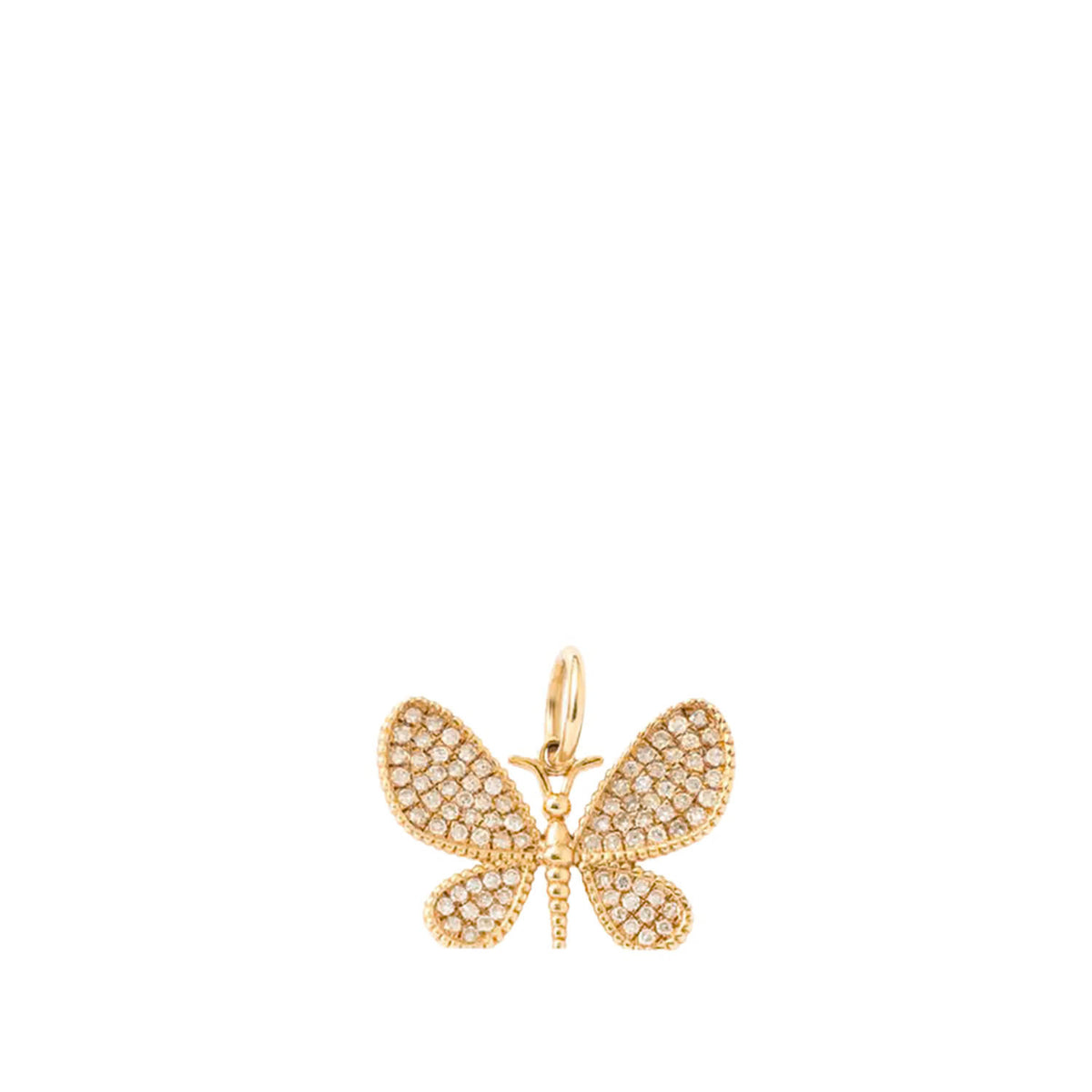 A gold butterfly pendant embellished with pavé-set clear stones, shown against a plain white background.