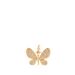 A gold butterfly pendant embellished with pavé-set clear stones, shown against a plain white background.