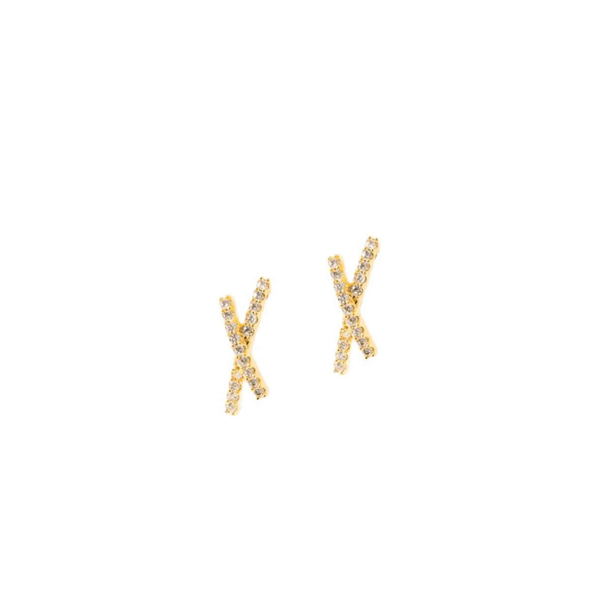 Gold and diamond cross earrings on a white background.