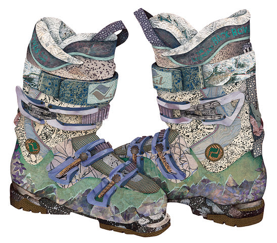 Pair of colorful patterned ski boots on a white background