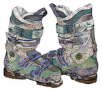 Pair of colorful patterned ski boots on a white background