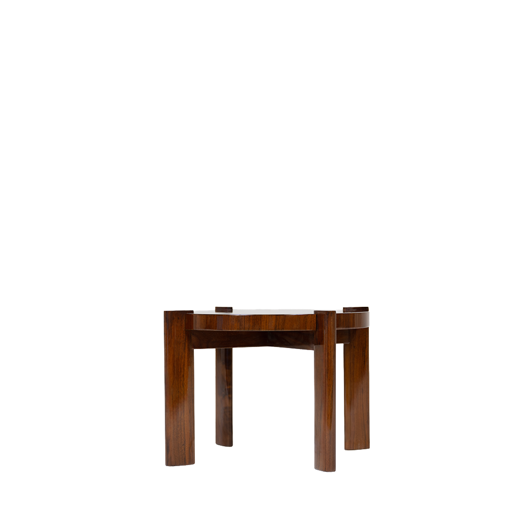 A small round walnut side table with a sunburst veneer design, featuring a glossy finish and metal accents.