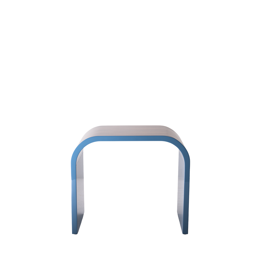 Wooden side table with rounded corners and blue interior