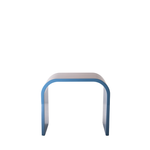 Wooden side table with rounded corners and blue interior