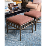 two ottomans in a living room with a blue rug