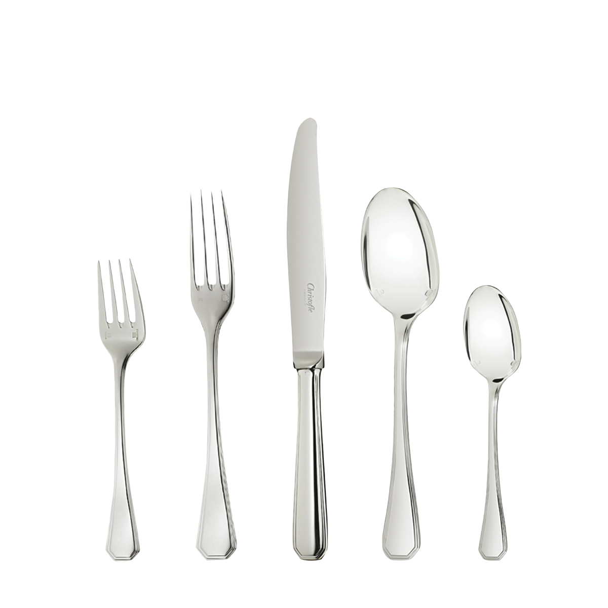 Set of silver cutlery including forks, knives, and spoons on a white background