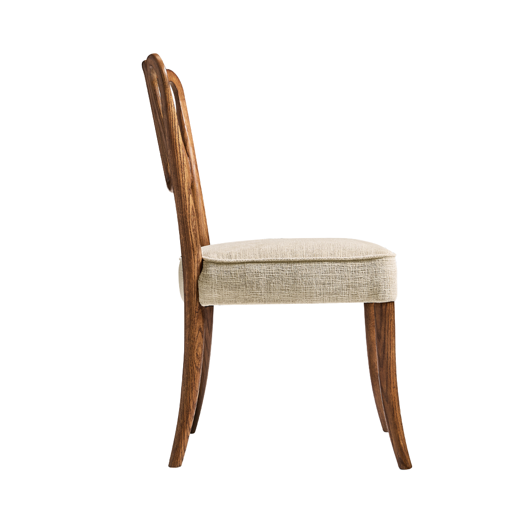 Wooden chair with a beige cushioned seat on a white background